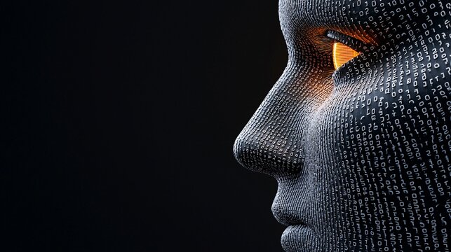 Cyber security crime attack concept. Digital face composed of binary code with a glowing eye, symbolizing artificial intelligence and technology.