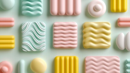 Colorful geometric shapes in pastel tones arranged on a soft mint background for modern design inspiration