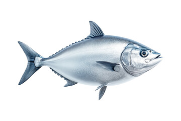 Fototapeta premium Closeup of a silver tuna fish with smooth scales, sharp fins and a sleek body isolated on white transparent background.