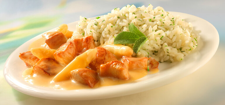 H&uuml;hnerragout, Huehnerragout mit Reis und Spargel, Huehnchen, Sauce, tellergericht, isoliert, 
