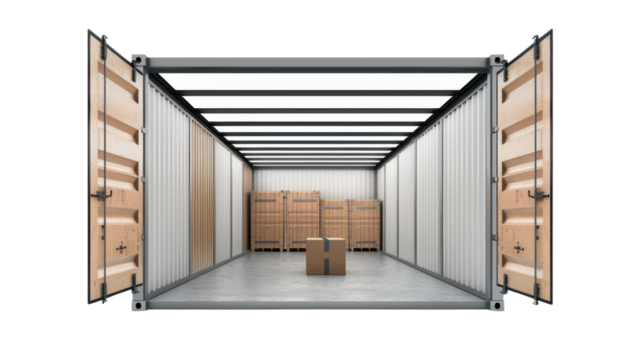 Open shipping container revealing cardboard boxes inside, transparent background
