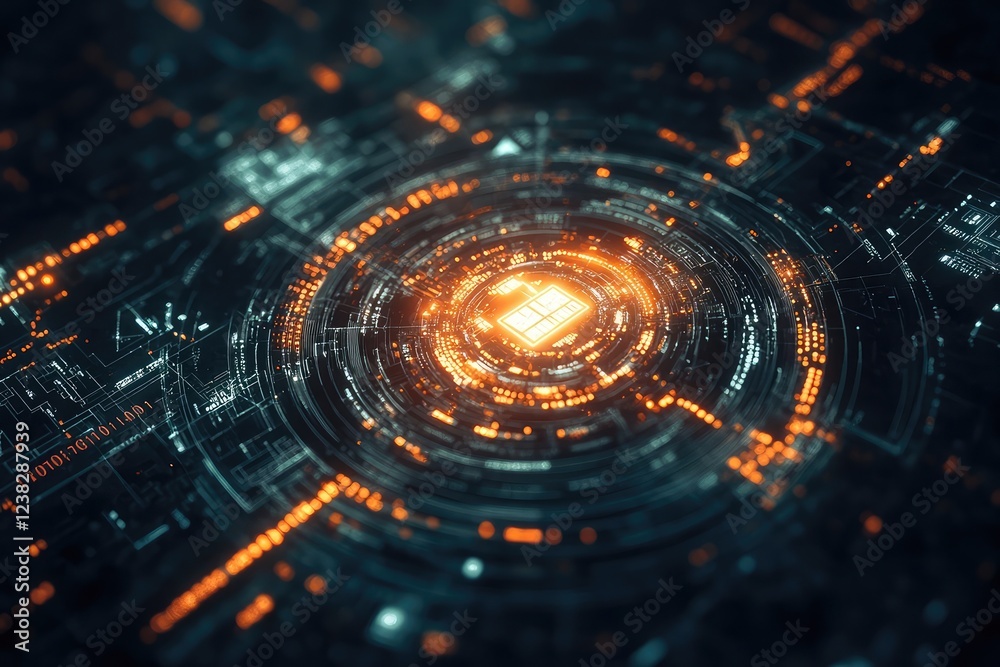Poster cybersecurity concept with a glowing lock on a virtual screen surrounded by binary code