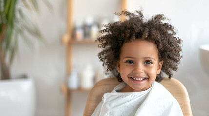 Childhood, grooming joy concept. Fun, carefree family-friendly atmosphere. Child African-American kid sitting in a barber’s chair, smiling during haircut with salon on background