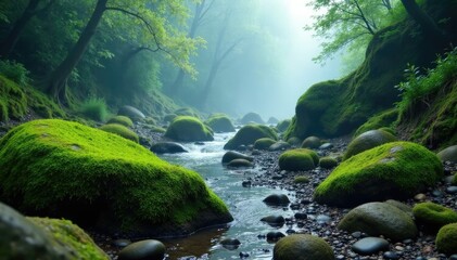 Moss-covered rocks with mist rising from ground, dry, rocks, fog
