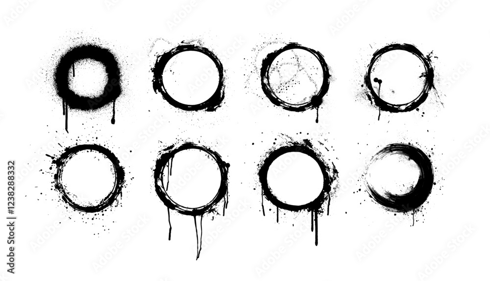 Poster round brush strokes, grunge frame with paint drips and spray effect, grunge circles isolated on whit