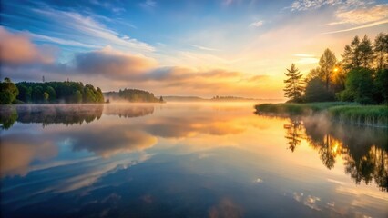 Obraz premium peaceful lake at dawn with mist rising from water, mist, calm, reflective, morning light