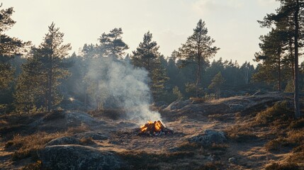 Fototapeta premium 95.A large campfire burns brightly in the heart of a Swedish national park, surrounded by towering pine trees and rugged rocks. The flames create a warm, inviting light, contrasting with the cool,