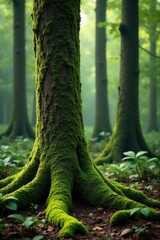 Moss-covered tree trunks with intricate embroidery, verdant, tree trunks