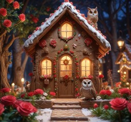 Fototapeta premium Perched owl admiring a beautifully crafted gingerbread cottage with icing roses and candy cane paths, sugary charm, sweet abode, gingerbread cottage