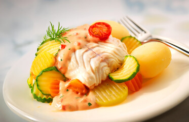 Seelachs Krensauce, Seelachs mit Gemuese und Pellkartoffeln auf weissem Teller mit Gabel, Fischgericht, Meerrettichsauce, 