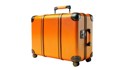 Orange suitcase with wheels standing on transparent background