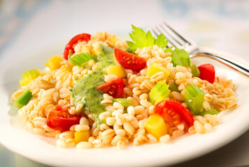 Zartweizen mit Gemüse, Tellergericht, Tomaten, Gemüse, isoliert, 