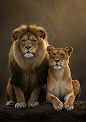 Obraz premium Regal Companions: A Majestic Lion and Lioness in Golden Hour. Generative AI.