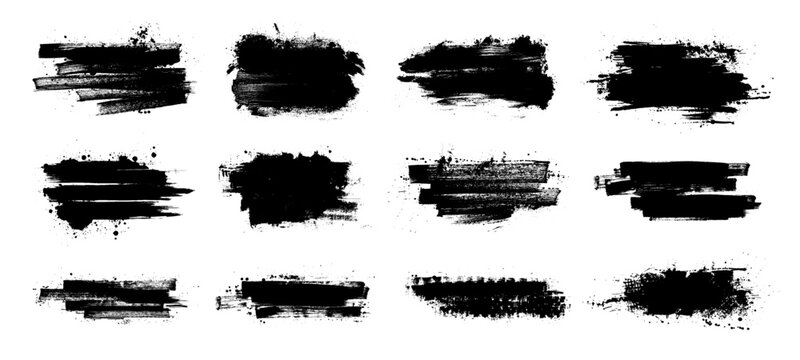 Ink stencil brush strokes and grunge lines with paint splashes drawn in a rectangular shaped composition for text, callouts. Brush strokes in dirty style with drops blots. Grunge banners. Vector set