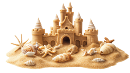 Sandcastle standing on tropical beach with seashells and starfishes on transparent background