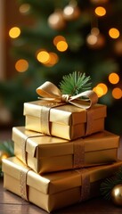 Neat stack of golden gift boxes with silver and evergreen decorations against a warm glow background, presents, gift boxes, festive