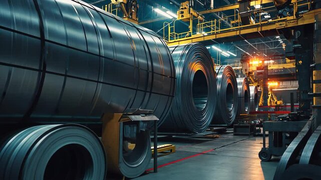 Industrial warehouse. Cold rolled steel coil in warehouse of plant. Production of steel sheets in rolls.