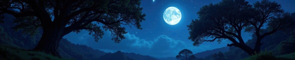 Nighttime scene with full moon and sparkling stars amidst a grove of ancient trees, glowing, branches, stars