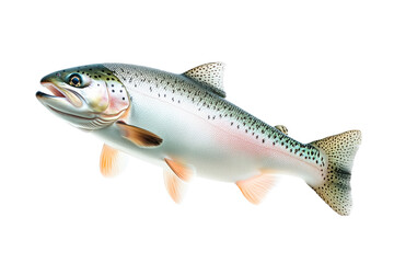 Fototapeta premium Closeup of trout fish with spotted scales, fins and open mouth isolated on white transparent background, concept of wildlife