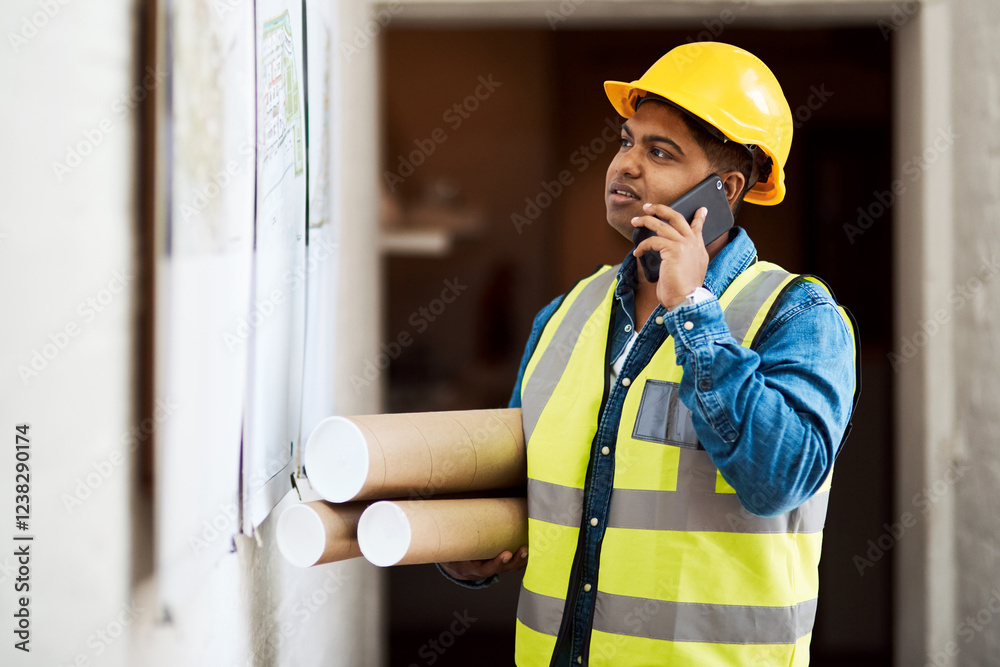 Aufkleber Phone call, engineer and man talking of blueprint design, update or reading schedule for construction project. Mobile, architect and conversation for communication, planning and building development