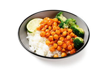 Chickpea curry with basmati rice and broccoli isolated on white background