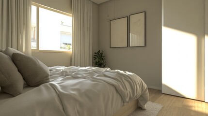 44.A modern bedroom showcasing a perfectly made bed with plush bedding and decorative pillows. The room is bathed in soft, natural light from the window, creating a serene and peaceful atmosphere.