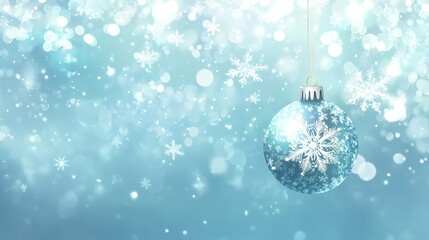 33.A modern Christmas design featuring a tree bauble and a hanging snowflake on a sparkling blue background. The bauble is detailed with reflective highlights, and the snowflake appears delicate and