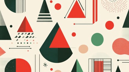 28.A modern geometric Christmas background with simple linear elements arranged in a balanced pattern. The design features abstract shapes, such as triangles, circles, and rectangles, in bright and