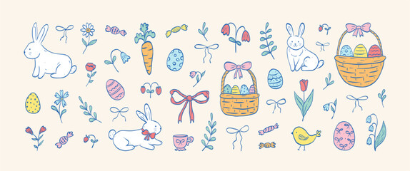 Set of doodle hand drawn coquette elements for Easter. Cute bunnies, bows and ribbons, flowers and leaves, basket, eggs. Cottagecore style. Vintage whimsical  vector illustration.