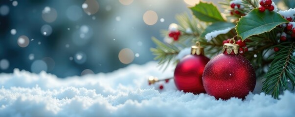 Ornament with red berries and holly leaves on a snowy winter scene, ornaments, festive