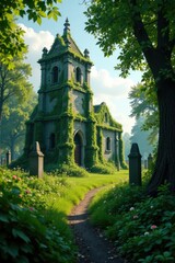Naklejka premium Overgrown graveyard surrounding the ancient church, nature, foliage
