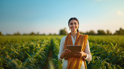 young woman holding tablet at agriculture field
