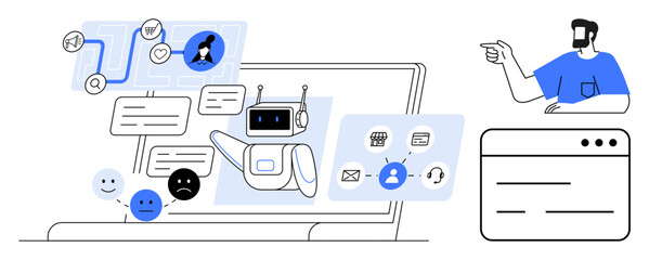 AI chatbot interacting with various user elements, including messages, emoticons, and workflow diagrams. Man pointing at interaction. Ideal for technology, customer service, automation, productivity