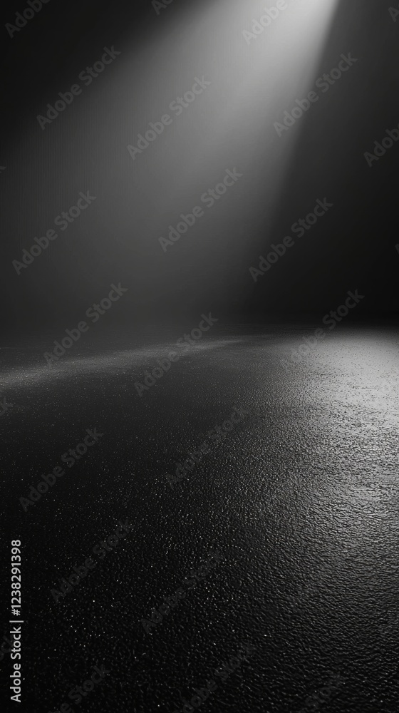 Poster A single beam of light cuts through the darkness, casting a soft glow on the wet surface of the ground. This interplay of light and shadow creates a dramatic atmosphere, inviting curiosity