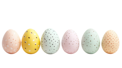 Six decorated pastel easter eggs in a row on transparent background