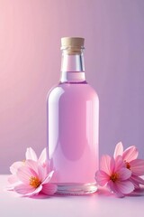 Pastel pink and lavender hues in a glass bottle, delicate color palette, white bottle, floral shades