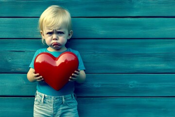 Ð¡hildren valentine's day greeting card: toddler girl with miserable face holds red heart in hands. Sign of love. Commercial promotion creative. Valentine's child hug. February romantic mood.