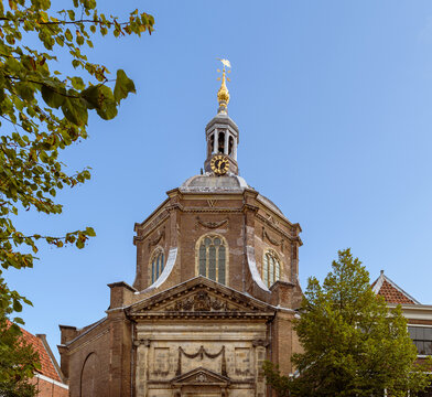 The protestant church Marekerk in the historic town center of Leiden on a sunny day in early autumn in The Netherlands.