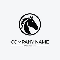 Simple horse logo design template in black and white and circle elements