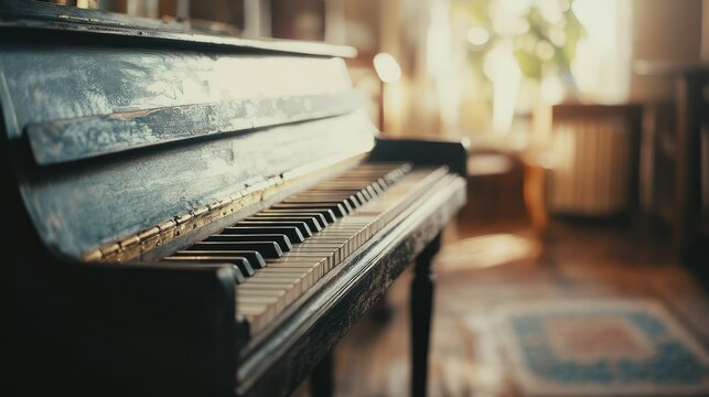 A vintage black upright piano with a distressed finish, standing alone in a well-lit studio setup.