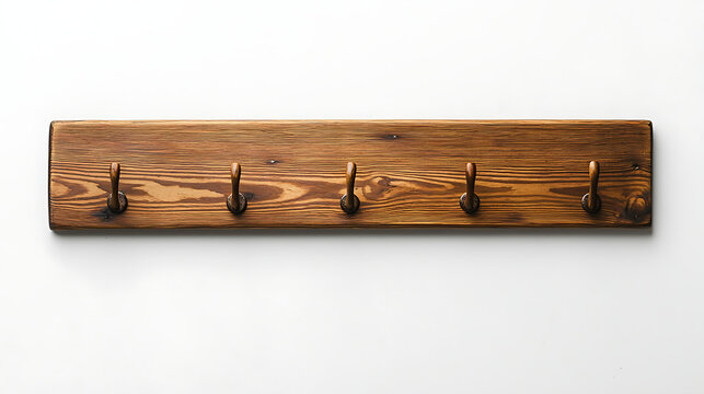 A wooden rack with five hooks on it