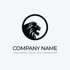 Roaring head lion logo template design with circles and black and white colors