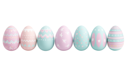 Row of decorated pastel easter eggs on transparent background