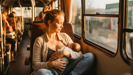 Mother breastfeeding her baby on a public bus during the golden hour of the day