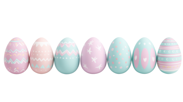 Row of decorated pastel easter eggs on transparent background