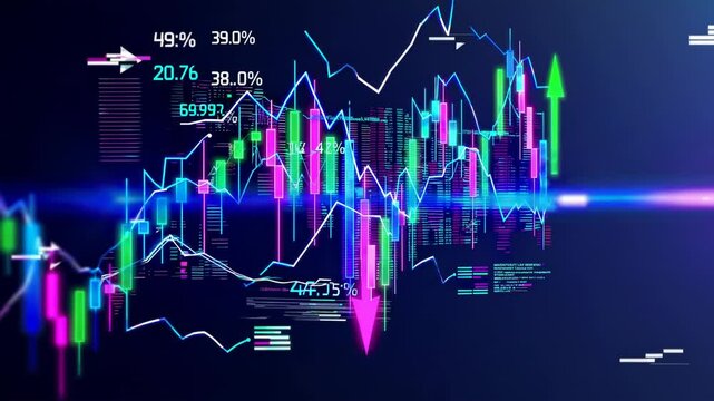 A collage-style image featuring a futuristic stock chart in vibrant neon hues, arrows indicating growth, and snippets of related market data.