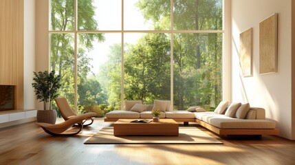 Fototapeta premium 58.A spacious mid-century modern living room, showcasing the timeless beauty of the design era. The room features classic wooden furniture with clean lines, such as a low-profile sofa, an elegant