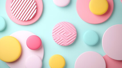 Obraz premium Colorful Geometric Shapes on Soft Blue Background with Pastel Tones and Striped Patterns for Modern Design Aesthetic