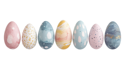 Seven decorated easter eggs isolated on transparent background