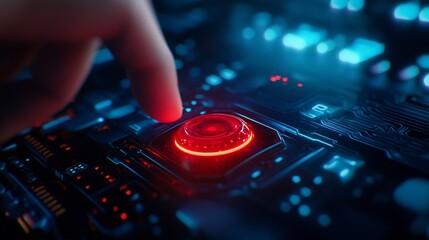 Obraz premium Activating Futuristic Technology: A Fingertip's Touch on a Glowing Interface